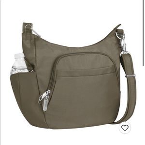 Travelon Unisex Anti-Theft Nutmeg Poly Crossbody Bucket Tote Bag, Brown